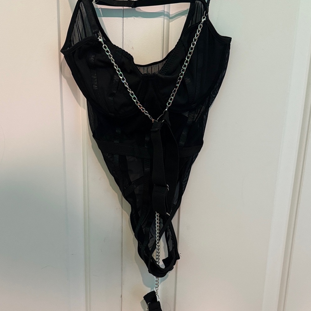 Black Sheer Mesh Bustier Bodysuit with Chain Detail